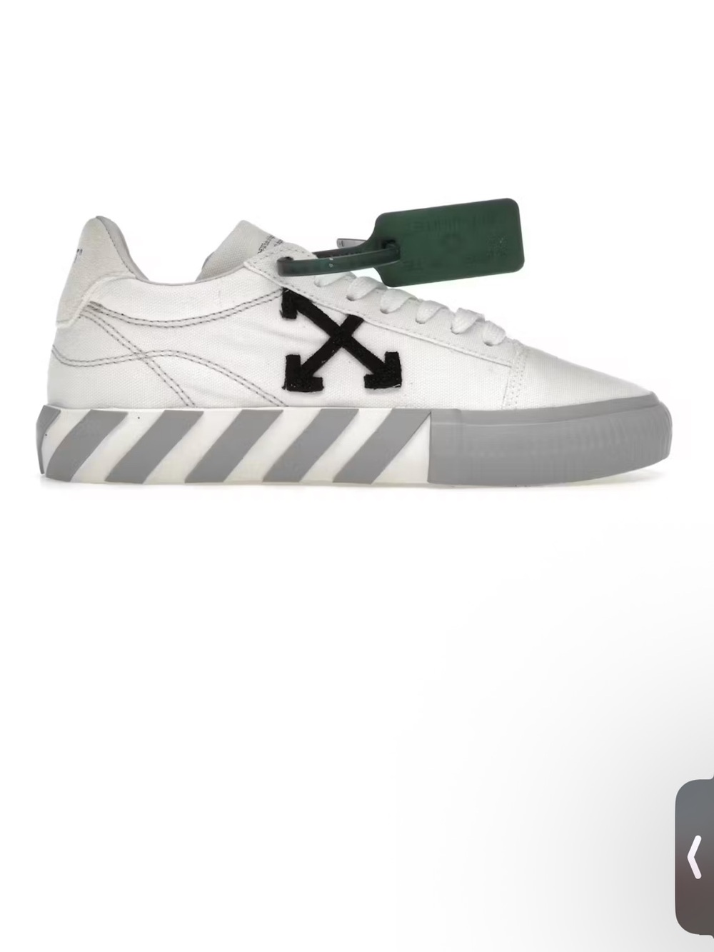 Off-White White Canvas Low-Top Sneaker with Black Arrow and Gray Striped Sole